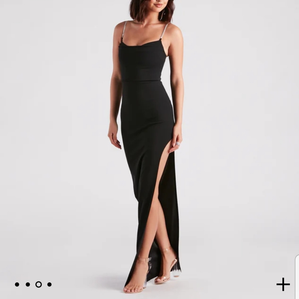 Leona Formal Crepe Rhinestone Slit Dress - Black (S) - WINDSOR